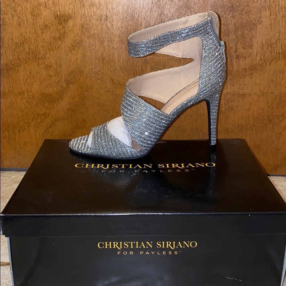 Silver sparkle asymmetrical pumps